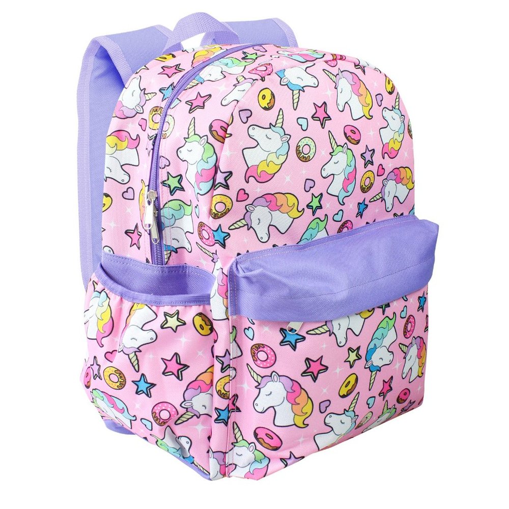 Unicorn Backpack Kids Donuts All Over Print Pink Purple Large Girls 16" Book Bag - Picture 2 of 3